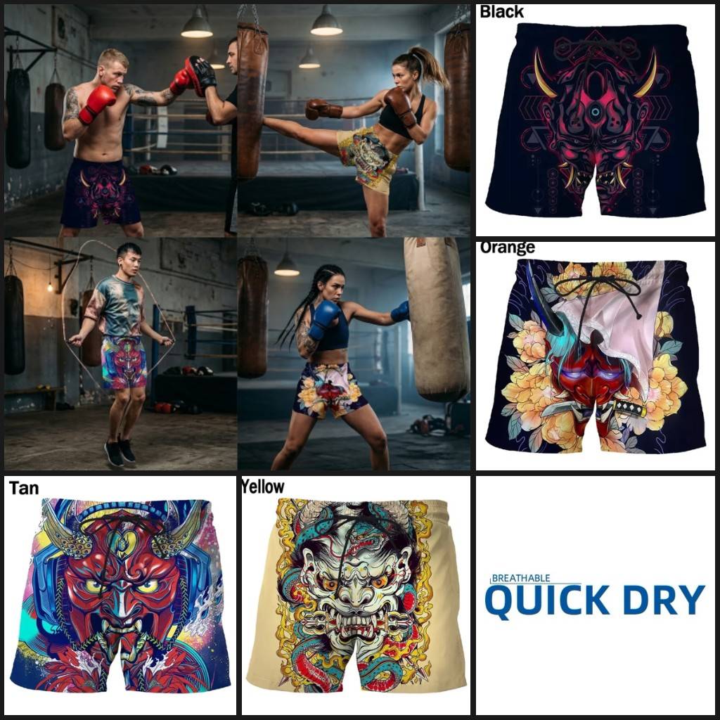 Print Shorts Japan Japanese Samurai Ghost Devil Demon Dark Training Muay Thai Kickboxing Boxing MMA Unisex Gym Fitness Workout Quick Dry Elastic Waist