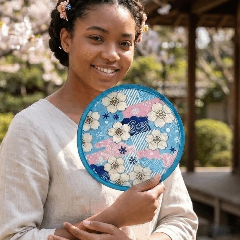 Japanese Style Folding Fan Flower Pattern Collapsible Fan Mini Handheld Fan Beach Use