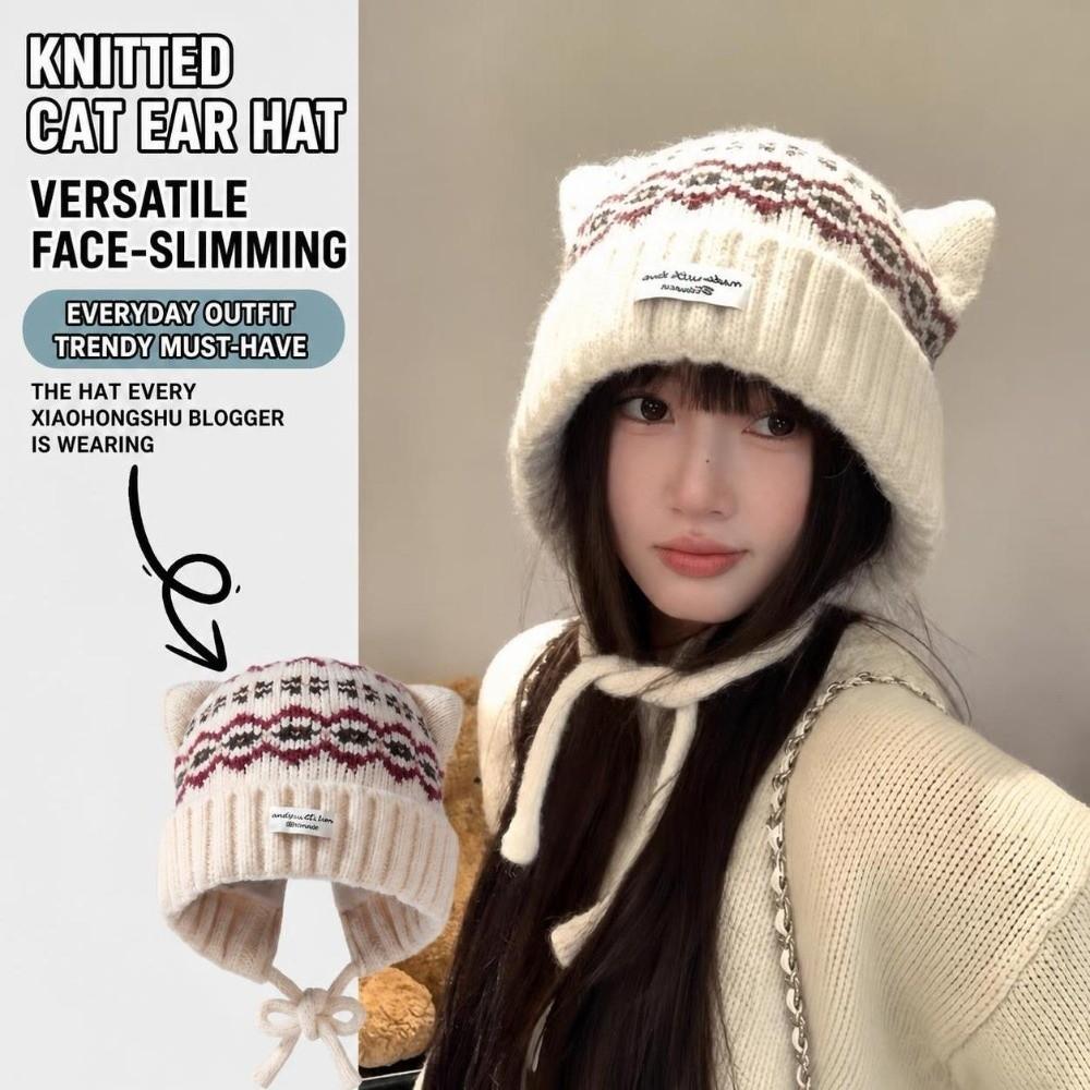 Cat Ear Strap Beanie Hat Thickened Winter Pullover Hat Casual Ear Protection Cap Winter