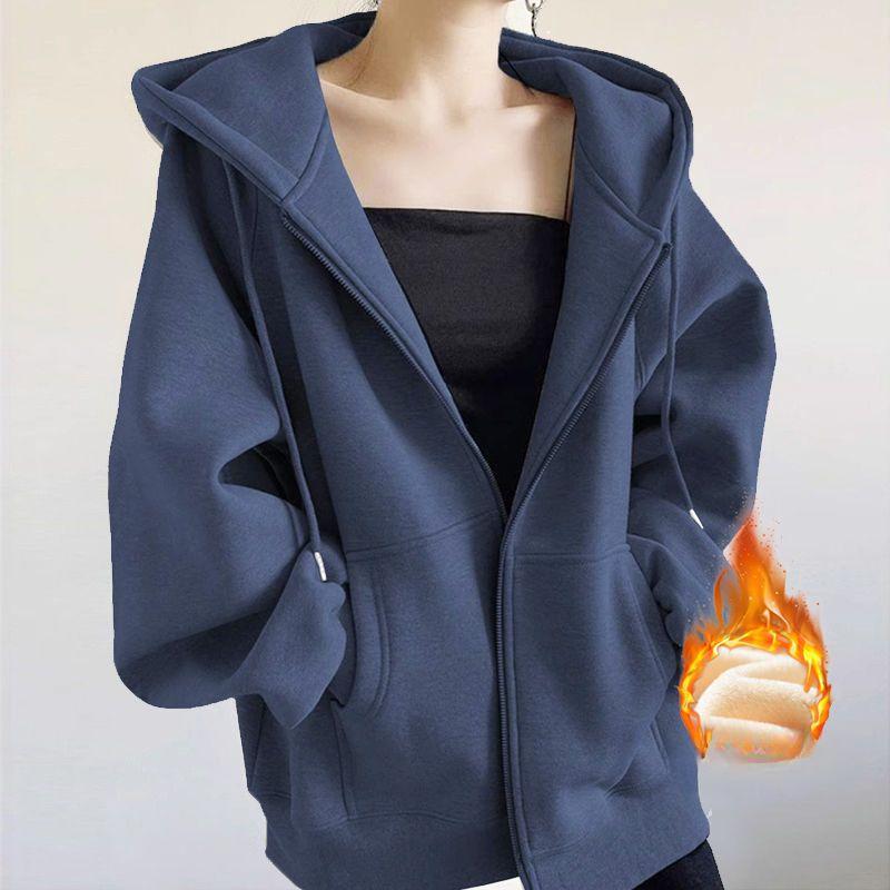 Осень-зима женская толстовка с капюшоном однотонная свободная толстовка с капюшоном женская корейская повседневная куртка на молнии