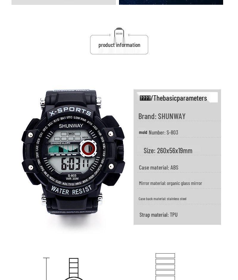 Светодиодные молодежные светящиеся водонепроницаемые спортивные часы-хронограф с многофункциональным дисплеем