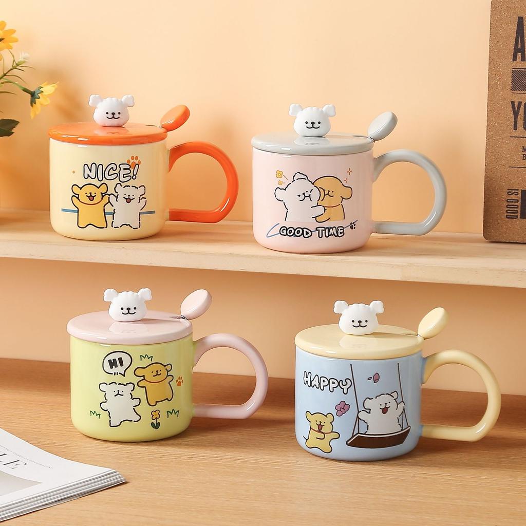Cute Puppy Mug Cartoon Ceramic Cup with Lid High Value Water Cup Couple Home Large Capacity Breakfast Cup