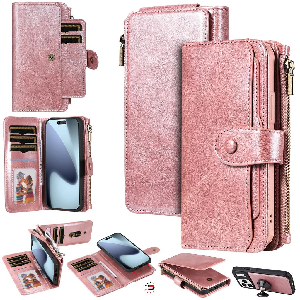 For iPhone 17 Pro Max Phone Case PU Leather Zipper Wallet Detachable Cover