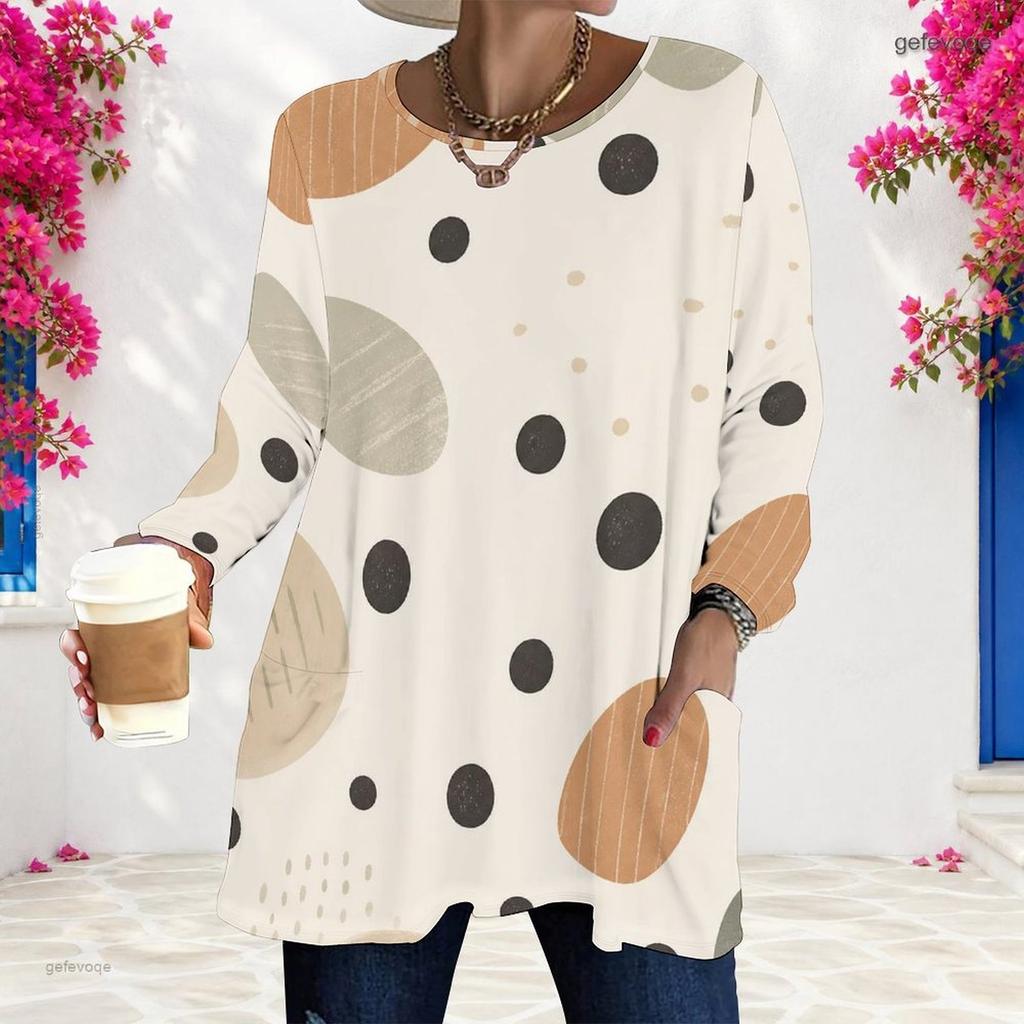 Women Plus Size Round Neck Long Sleeve Polka Dot Printed Loose Longline T Shirt With Pockets