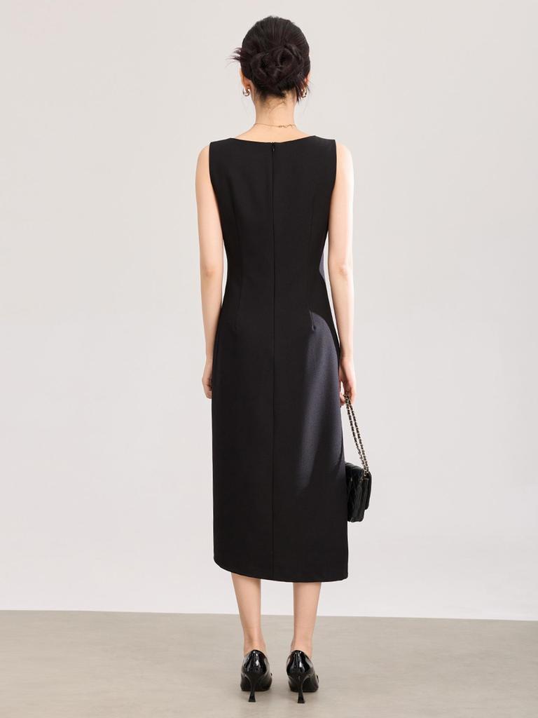 High-Tech Oblique Cut Vest Dress with Flower Brooch - Women's Summer Formal Wear