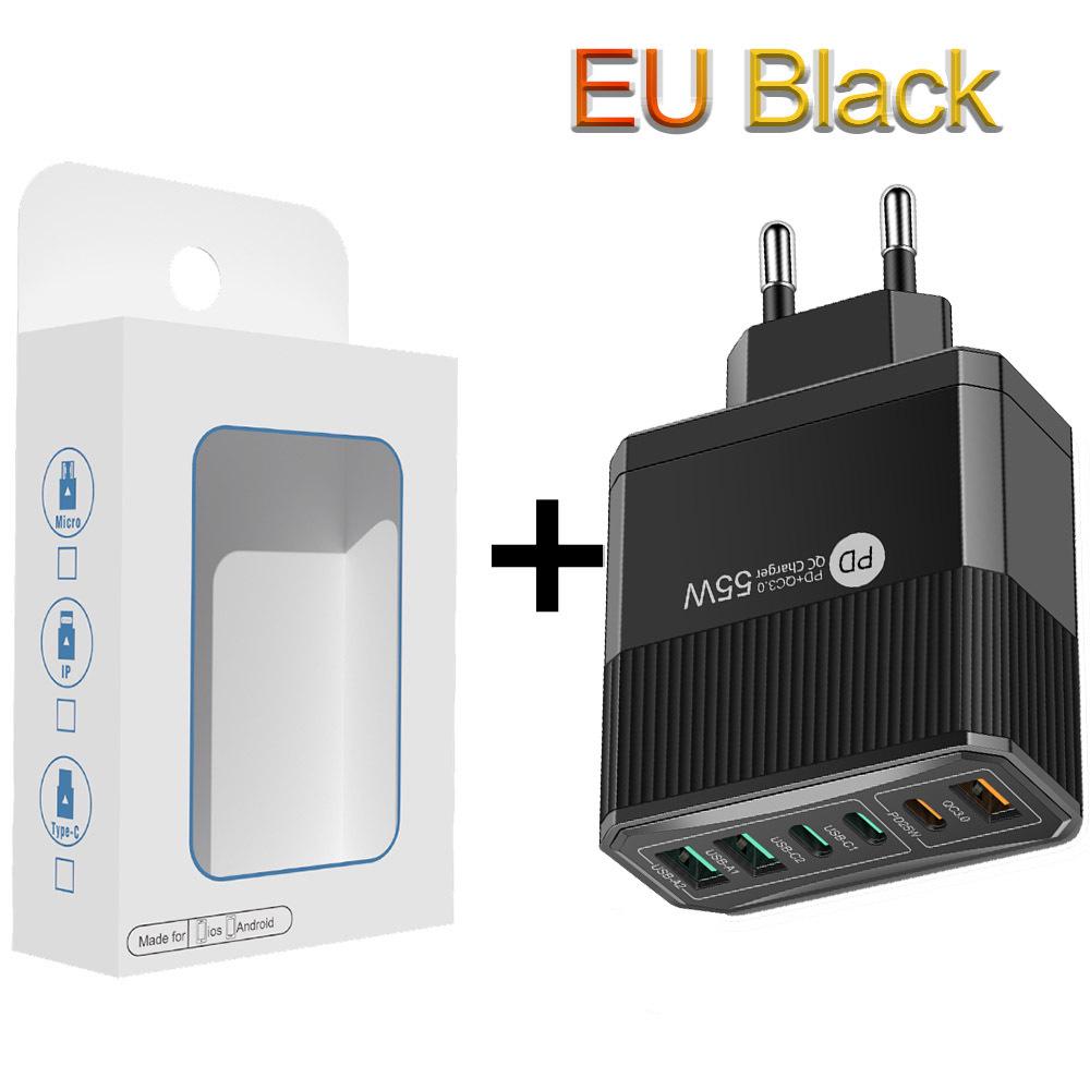 Быстрое шестипортовое мобильное зарядное устройство 55 Вт QC 3.0 с PD, USB-портами, совместимостью с EU/US/UK