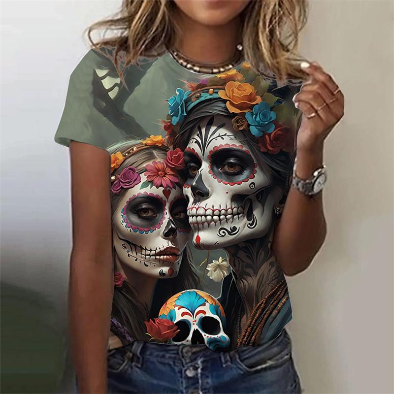 Summer Round Neck 3D Skull Printed Top Fashionable Casual Short Sleeved Women's T-shirts