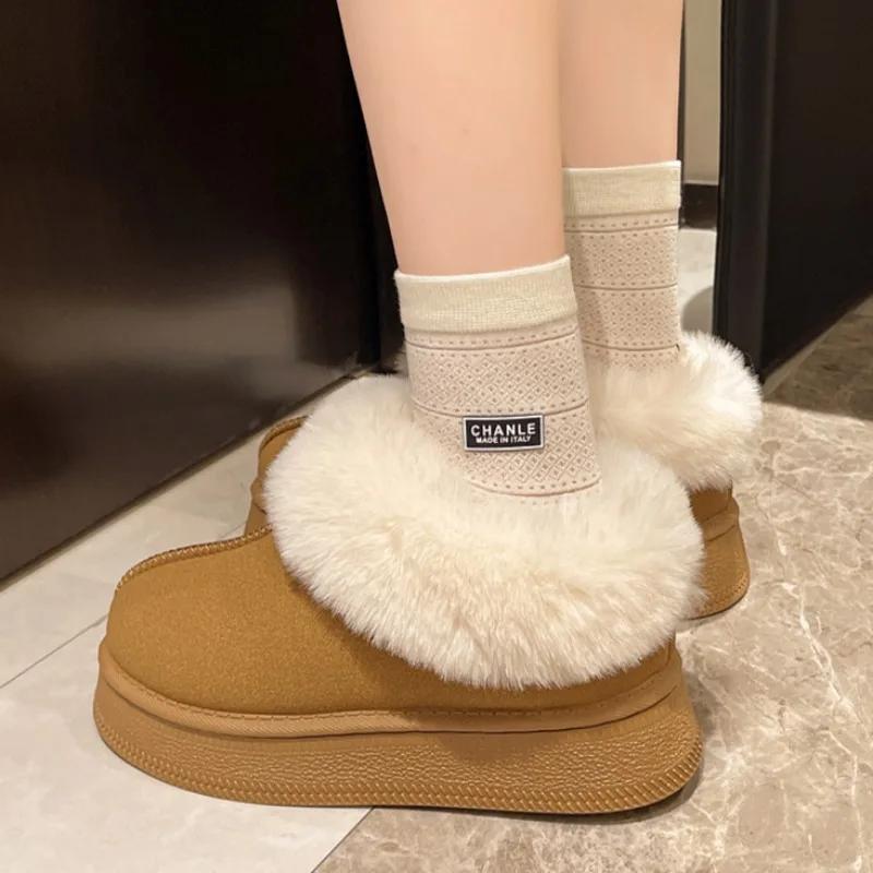 Женские плюшевые теплые ботильоны на толстой подошве, повседневные зимние ботинки на открытом воздухе, без застежек 2024 года, нескользящие плоские хлопковые туфли с меховым дизайном Zapatos