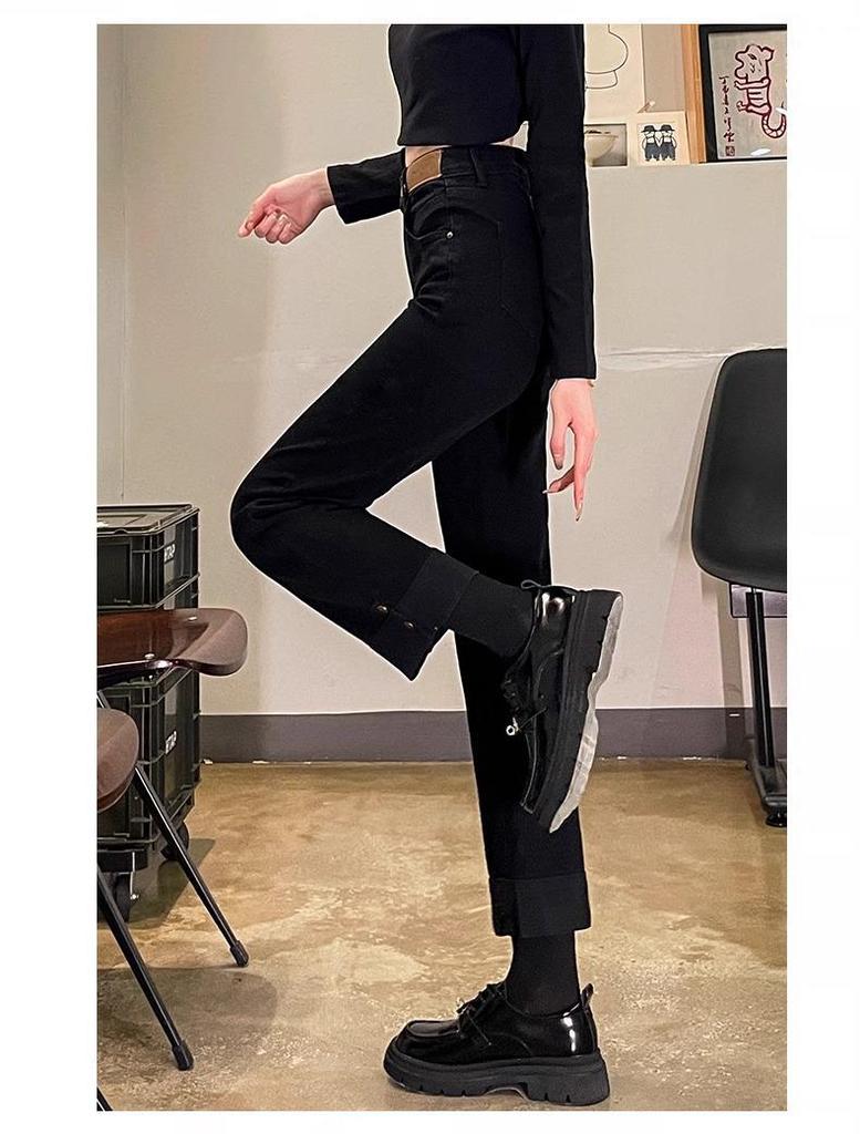 Женские джинсы-сигареты прямого кроя с высокой посадкой на флисовой подкладке: Мода Осень/Зима, Маленькая Длина Девять Девятых.