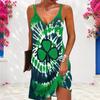 Women Plus Size V Neck Double Straps Sleeveless Color Block Printed Curved Hem Mini Dress