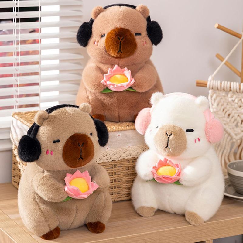 New Capybara Plush Doll Pillow Capybara Stuffed Animal with Headphones Hold Flower Doll Home Decorations Gift Toy for Kid