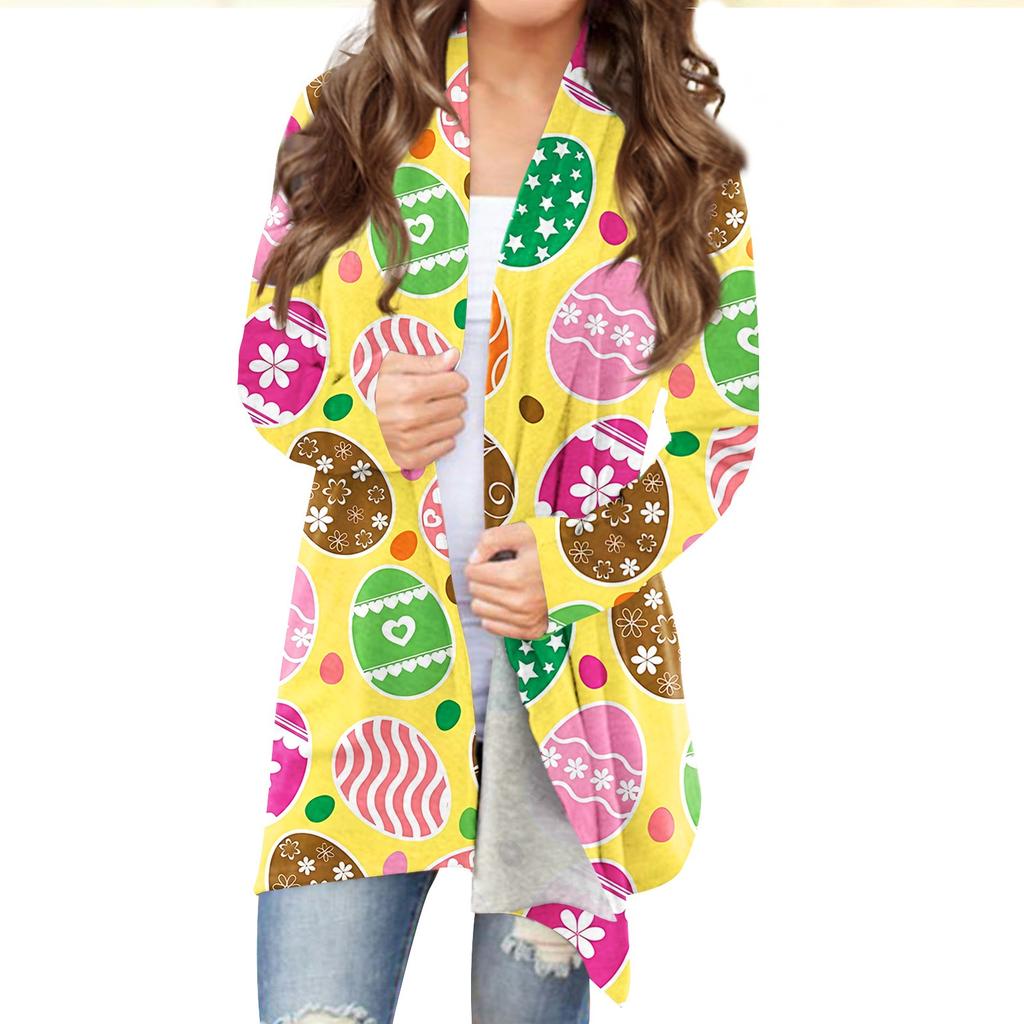 Женский кардиган с пасхальным принтом и длинными рукавами спереди, легкая куртка с принтом