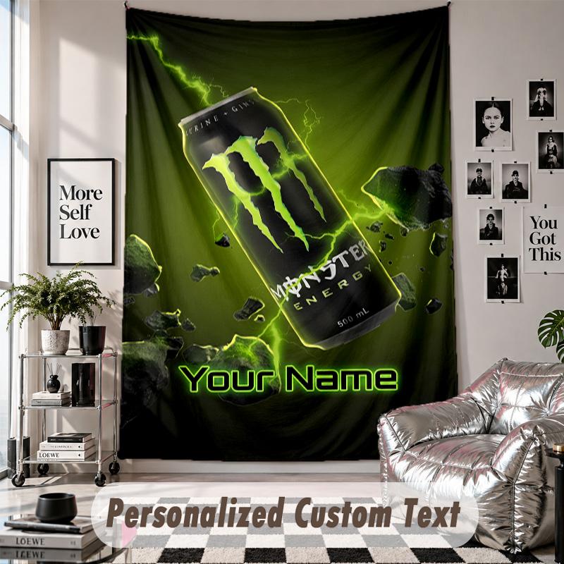 Wall Hanging Tapestry With Custom Name & Text, Monster Energy Decorative Tapestry For Bedroom