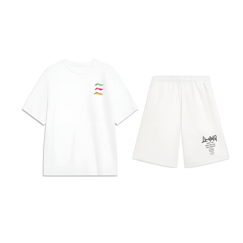 Li Ning Logo Print Fashion Simple Breathable Comfortable Round Neck Pullover Short Sleeve T-Shirt Casual Sports Set Unisex Tops YHSV373-1+AKST593-7