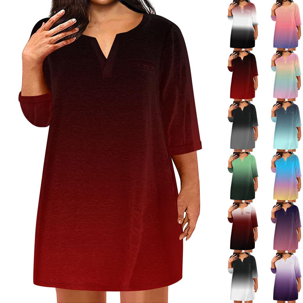Women's Fashion Plus Size V-Neck Seven Sleeve Casual Printed Loose With Pockets Dresses