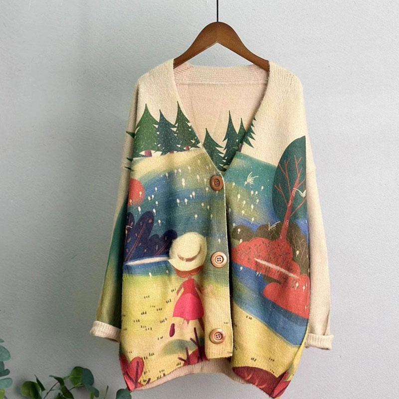 Новые осенние свитера больших размеров, кардиганы, большие размеры, женские узоры, цветочные мультяшные принты, свитера, вязаные свободные свитера