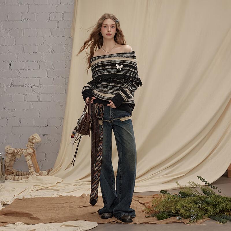 unifree Women's Off-Shoulder Striped Tassel Sweater