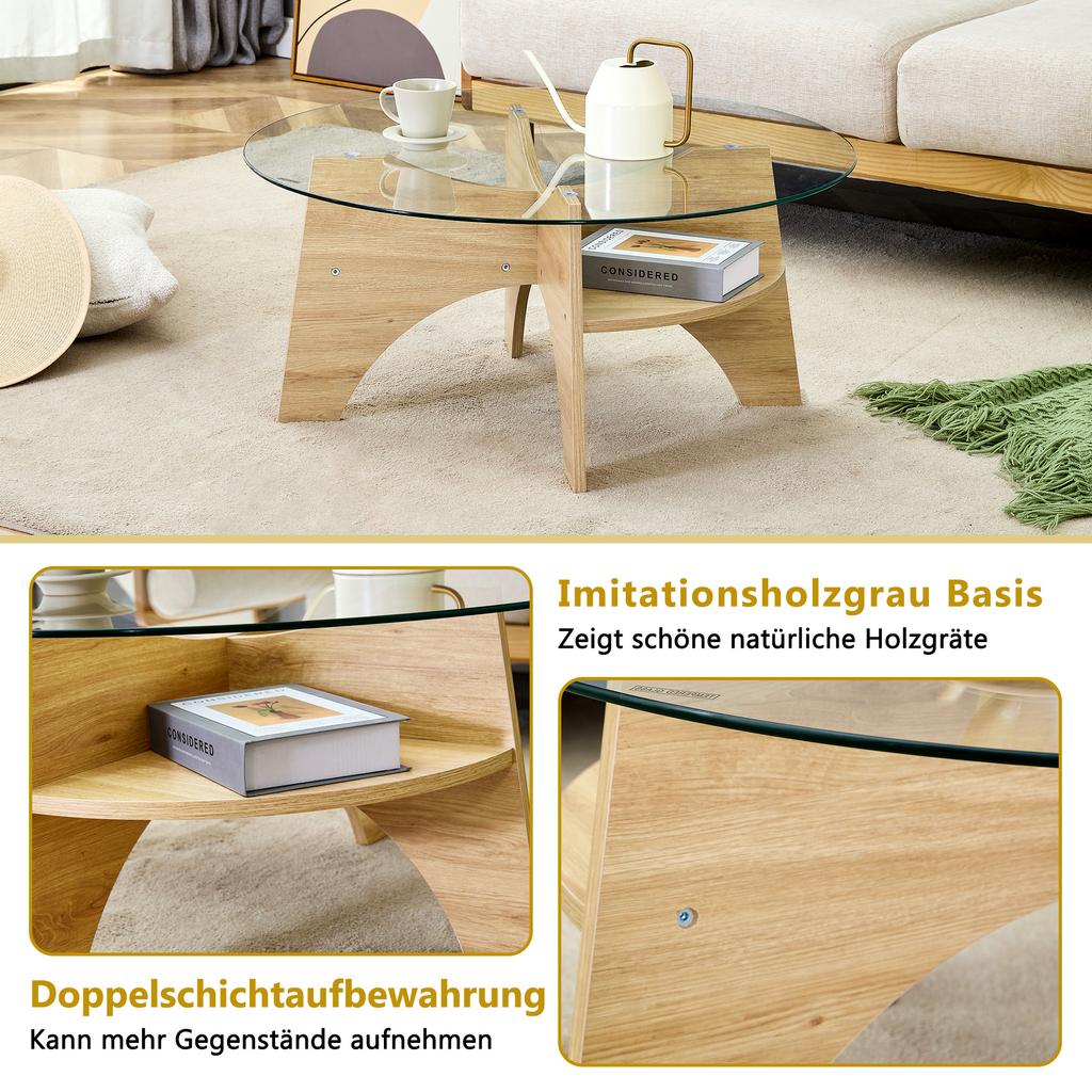 Modern Round Glass Coffee Table – diameter 80 cm with Transparent Top. Fan-shaped Frame, Table Legs MDF Natural Wood Tone. Ideal for Living Room.
