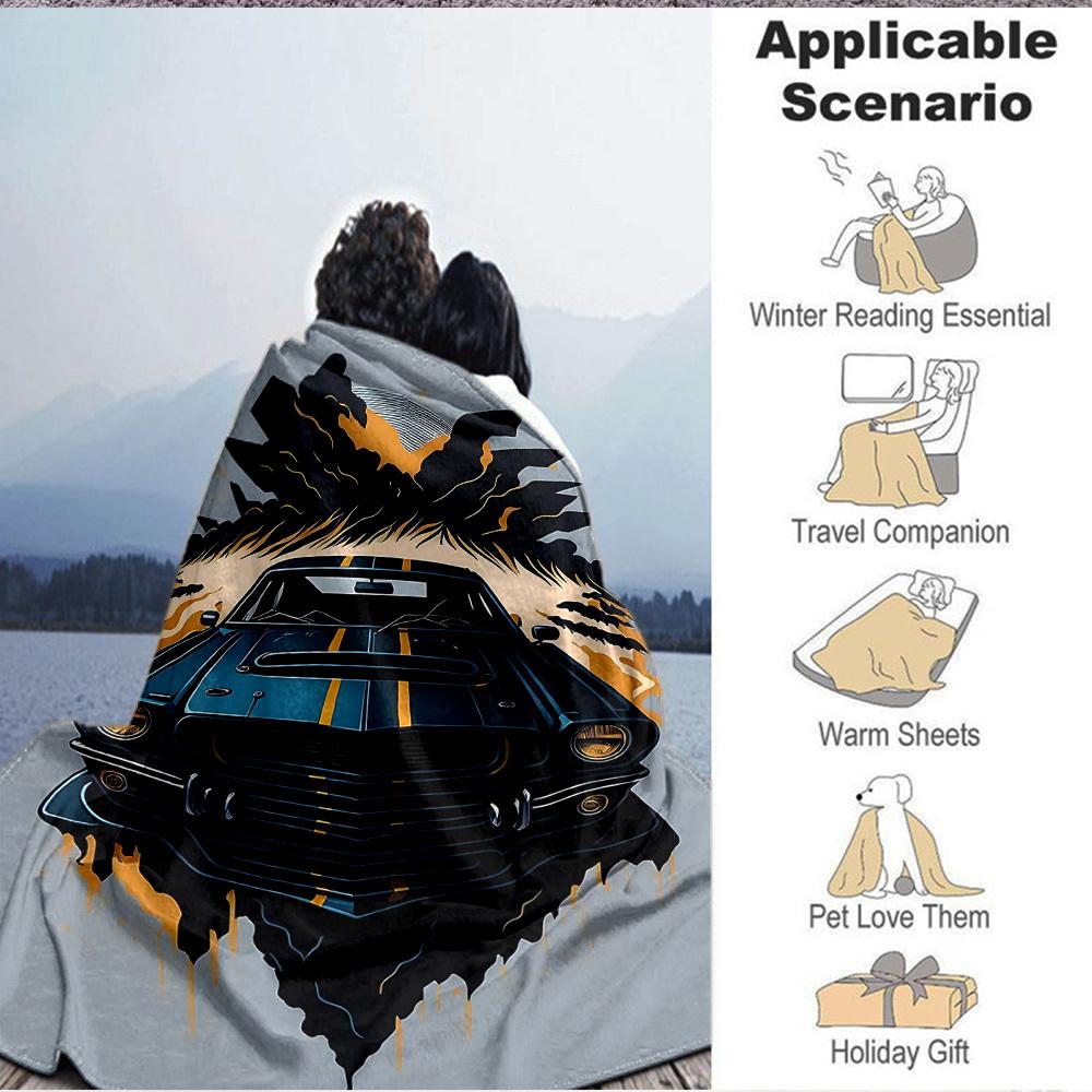 1pc Muscle Car Racing Lightweight Flannel Blanket, Comfortable and Warm Blanket, for Office and Camping Sofa Bed, Livingroom095
