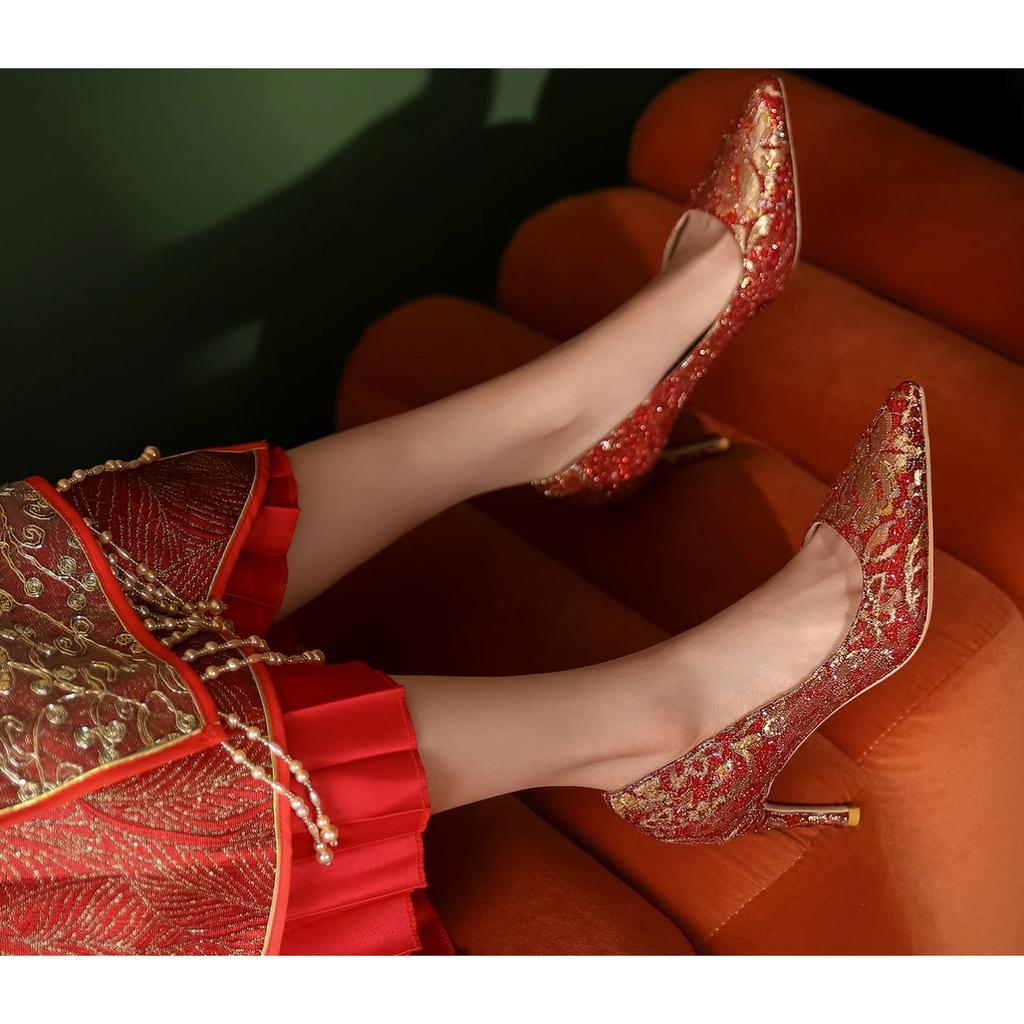Festive Red Chinese Wedding Shoes Pointed Stiletto Heel Fashion High Heels Women's Embroidered High Quality Women's Shoes