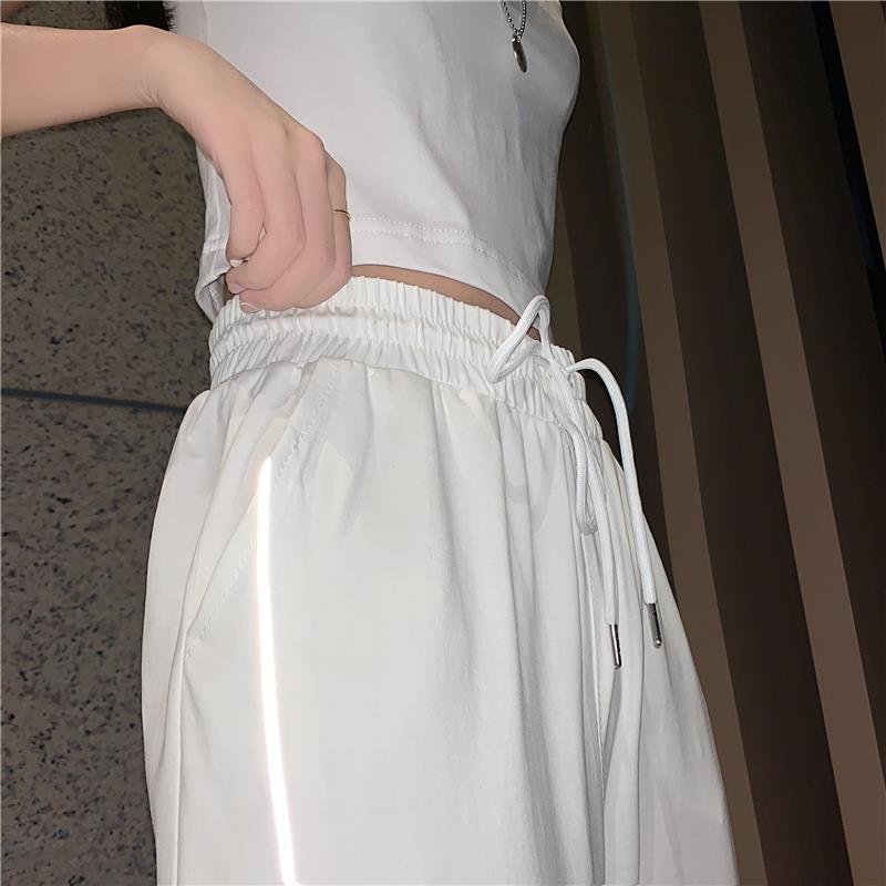 Сетчатые брюки со светоотражающими полосками, летние корейские тонкие повседневные брюки с высокой талией, женские спортивные брюки