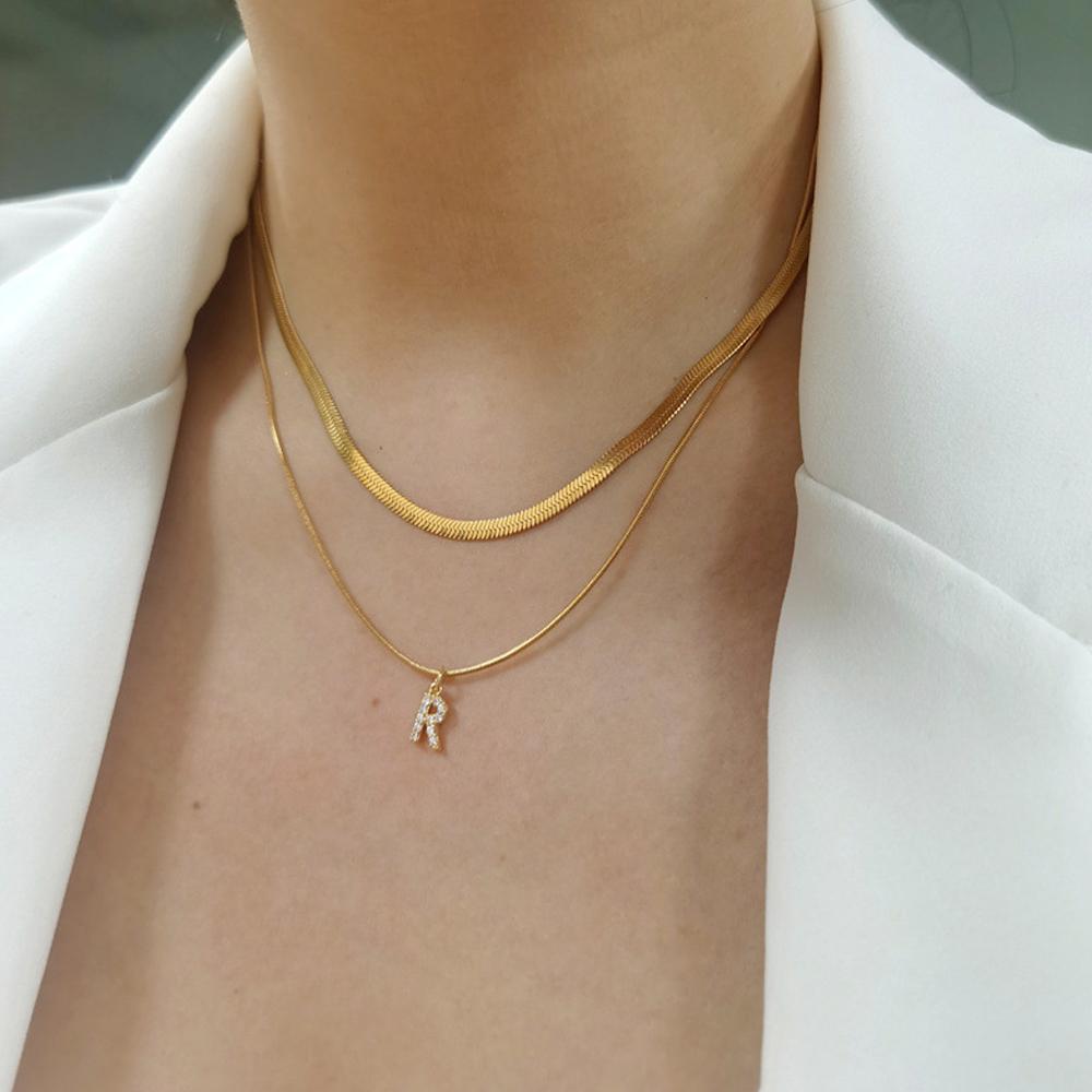 EManco Stainless Steel Diamond Initial Pendant Necklace Round Snake Chain Flat Snake Chain O Fine Chain Necklace
