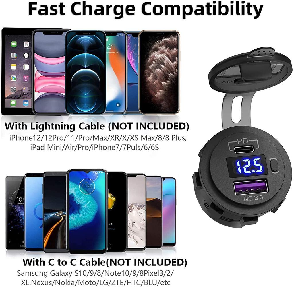 PD Type C QC 3,0 USB Автомобильное быстрое зарядное устройство Розетка с переключателем ВКЛ/ВЫКЛ и светодиодным вольтметром для мотоцикла Морской RV ATV