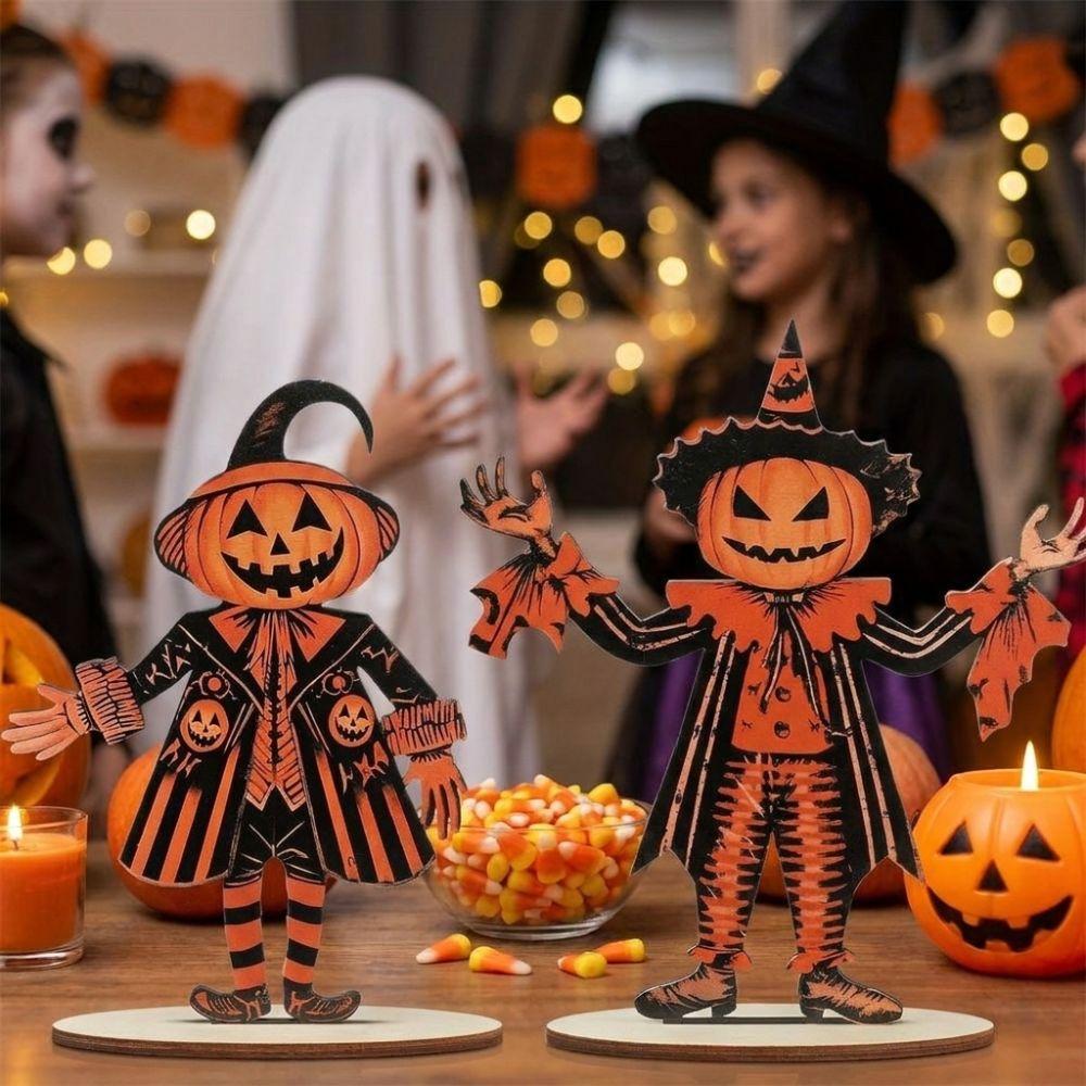 3Pcs Wooden Halloween Pumpkin Ornament 2D Flat Pumpkin Scarecrow Party Sign Farmhouse Setting