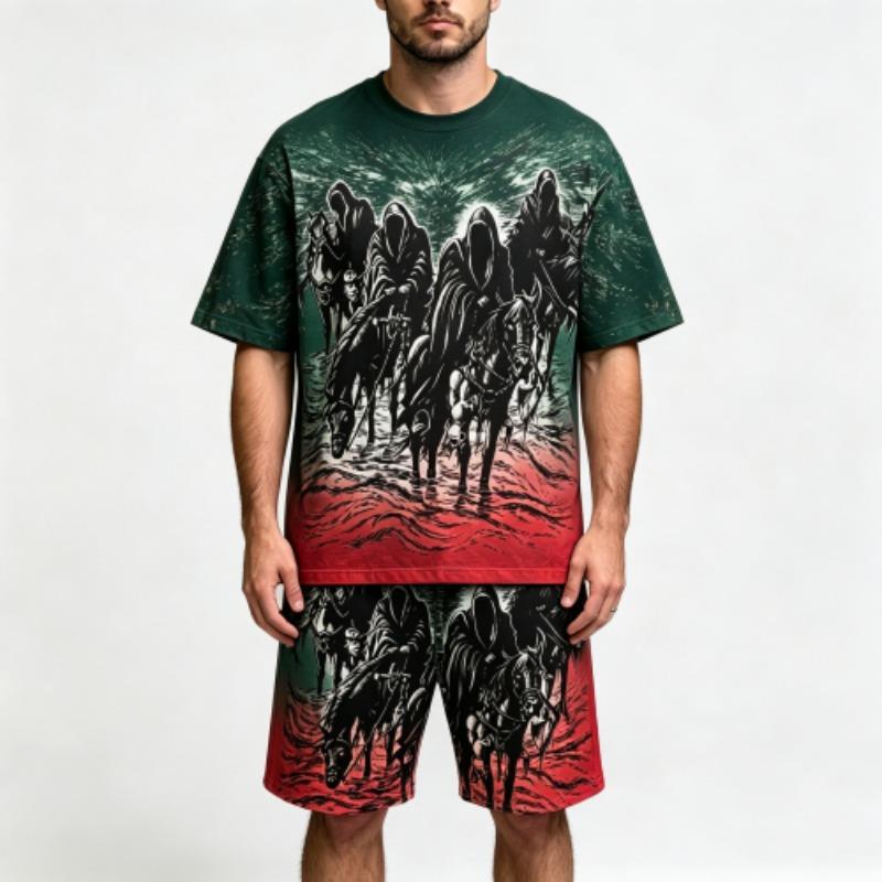 Summer Fashion Gothic Style Vintage Death Knight Printed Round Neck Short Sleeved T-Shirt And Shorts Set Men's and Women's T-shirt Shorts Set
