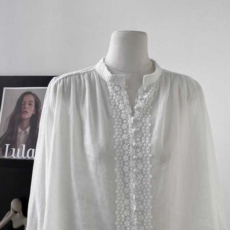 100% Linen White Stand Collar Shirt Women French Lace Trim A-line Blouse Casual Top