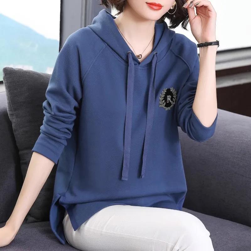 Hooded Sweater Women's Fall and Winter Striped Long-sleeved T-shirt Big Yards Ing Solid Color Shirt Casual Pullover Tops