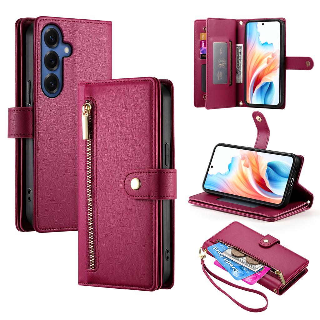 For Samsung Galaxy S26+ Case Zipper Pocket Wallet Leather Phone Cover with Straps