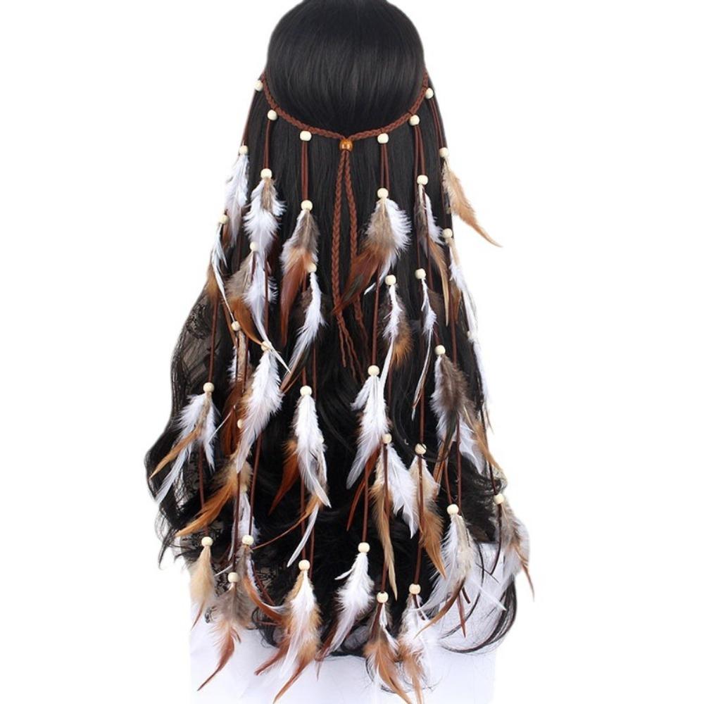 Fashion Tassel Feather Headband Beaded Bohemian Boho Style Headdress Costume Adjustable Rainbow Indian Headband Bride Weddding