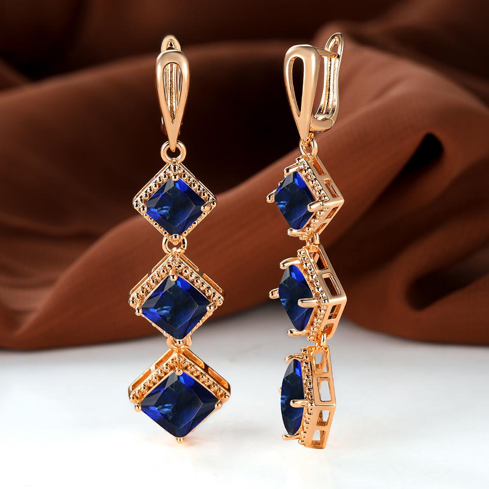 Длинные висячие серьги-крючки с синим камнем принцессы, цвет серебра, желтого золота, квадратной огранки, кольцо для невесты, обручальные украшения