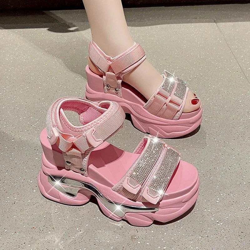 Summer High Platform Women Sandals Buckle 10CM Wedges Bling Shoes Fashion 2025 Outside Chunky Sandals Beach Casual Slides Woman