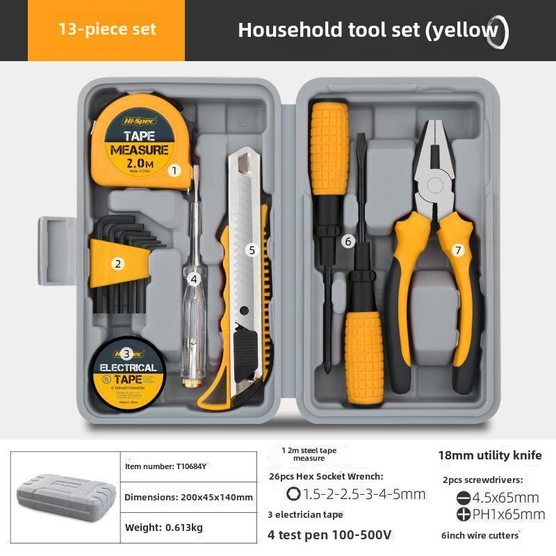 Многофункциональный набор инструментов для домашнего ремонта с плоскогубцами, рулеткой, молотком.