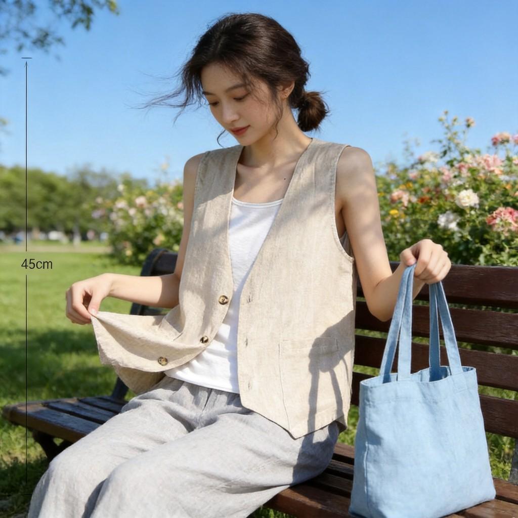 Women Loose Fit Short Linen Vest With Button Detail And V Neck Summer Casual Wear