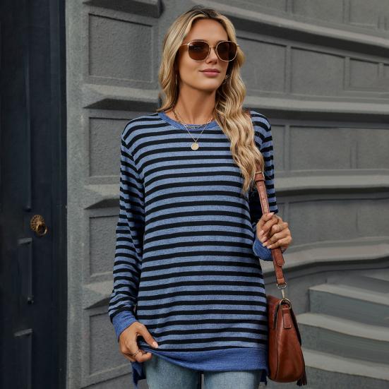 Женские топы с круглым вырезом, длинными рукавами, полосатым принтом, футболка с боковыми разрезами, средней длины, свободный крой, эластичная футболка