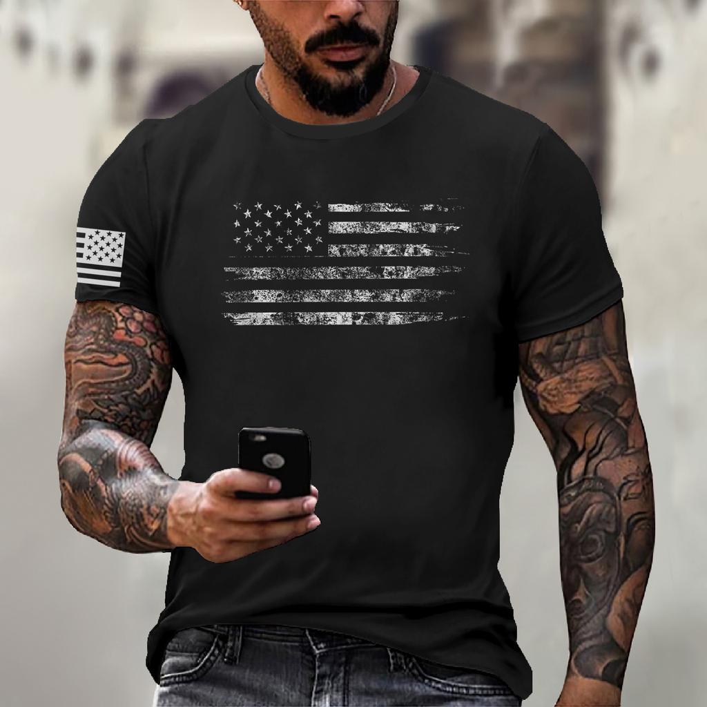Men's Fashion Casual Short Sleeve Round Neck Independence Day Flag T-Shirt Top