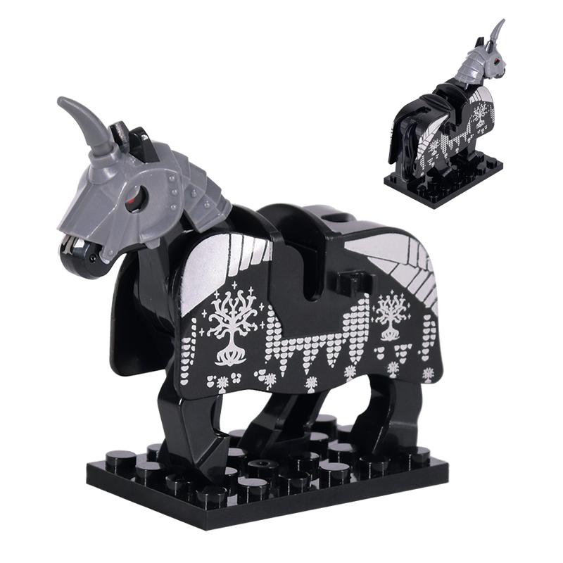 1pcs Medieval Horses Grey Bodies Blue Saddle Blankets White Horse Emblems Yellow Trims Building Block