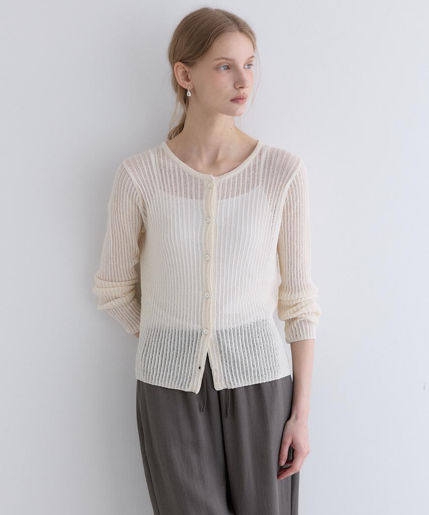 OURHOPE Linen Round Neck Ribbed Cardigan - Ivory
