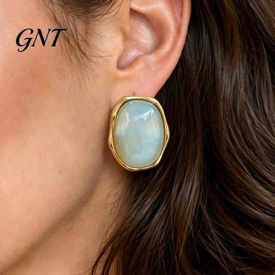 Fashion Statement Earrings for Women 1 Pair Natural Healing Stone Stud Women, Gold Versatile Casual Dress Plated Oval Resin Earrings, Faux Crystal