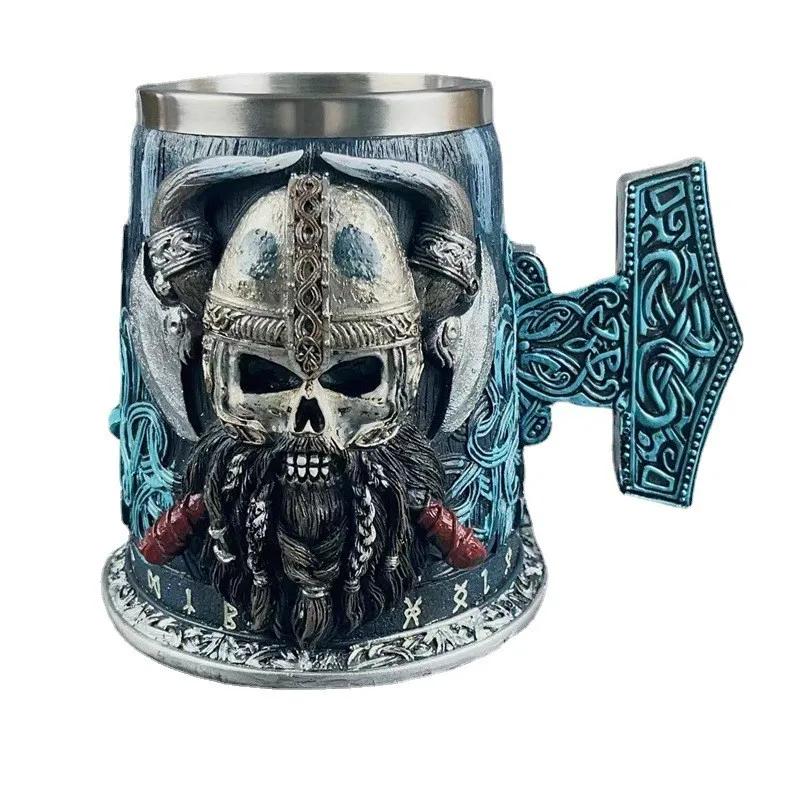 Medieval Viking Pirate Beer Mug Skull Mug Creative Large Capacity Mug Embossed Stainless Steel Coffee Mug Whiskey Cup Bar Party Halloween Gift