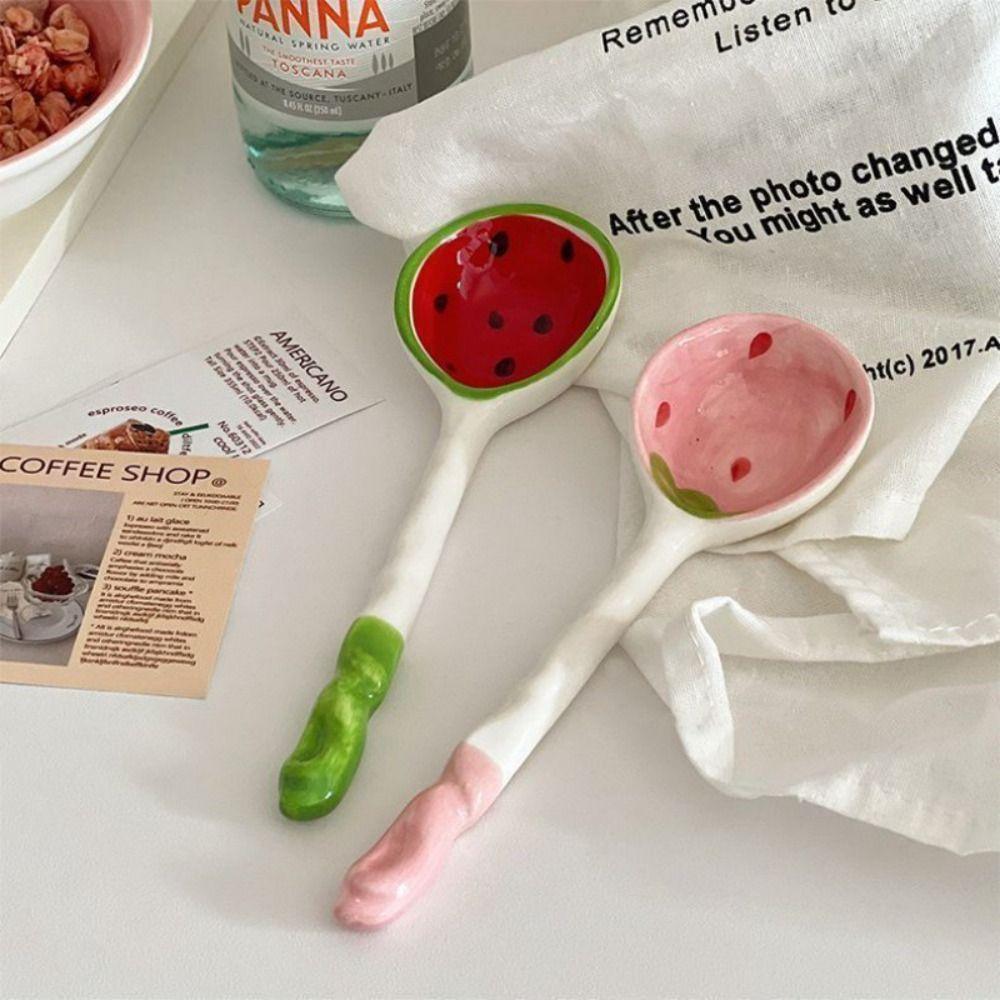 Ceramic Ramen Spoon Watermelon Strawberry Shaped Cereal Bowl Dessert Kitchen