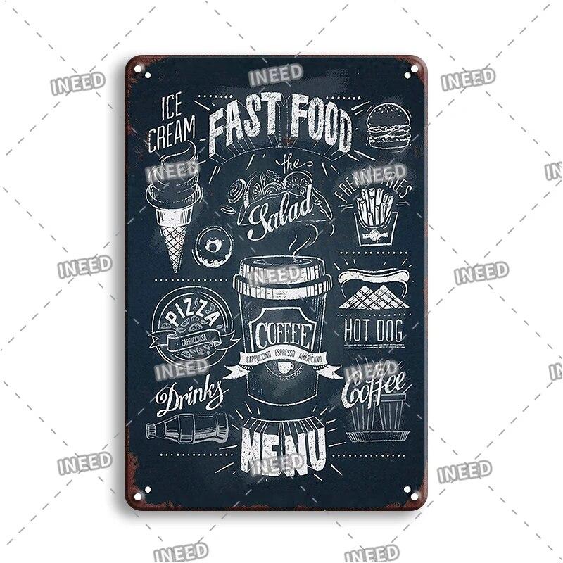 Pizza Zone Metal Poster Tin Plate Ice Cream Hot Dog Vintage Kitchen Iron Painting For Restaurant Party Home Wall Decoration