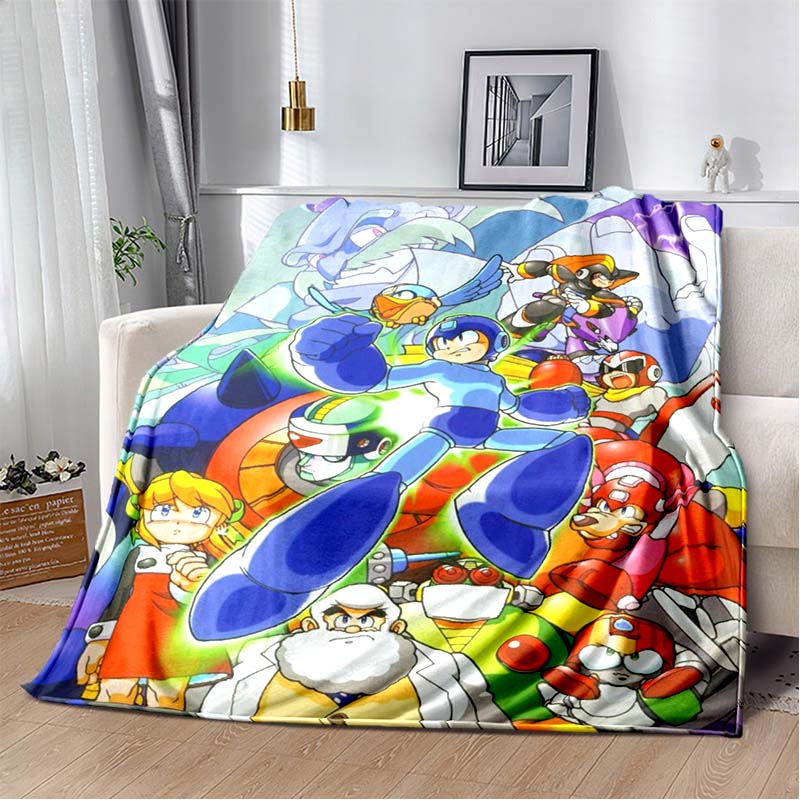 Mega Man Anime Print Flannel Throw Blanket Soft Warm Bed Cover for Kids Bedroom Sofa Home Decor Gift