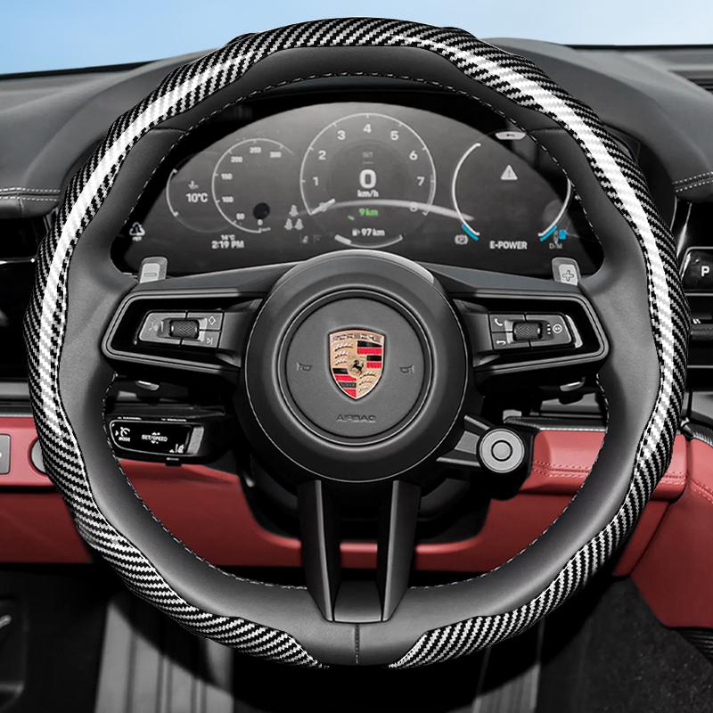 Suitable for Porsche Carbon Fiber Texture Steering Wheel Cover with Snap-On Wave-Shaped Sports Design Protective Shell for Cayenne Taycan Panamera