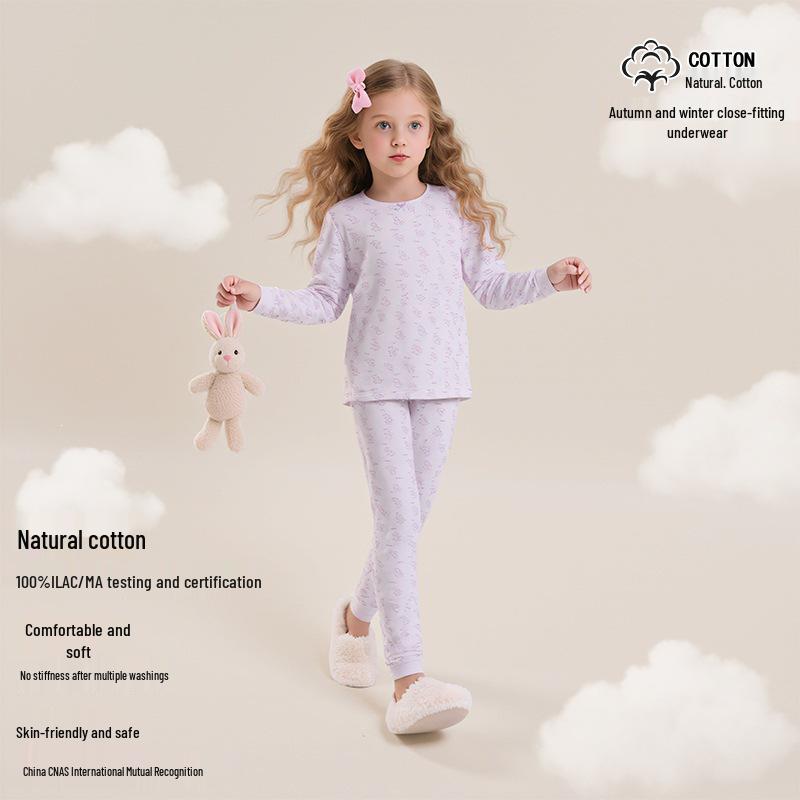 Хлопковый комплект термобелья для девочек - Осенне-зимний, Пижама, Одежда для дома, Базовый слой для детей постарше