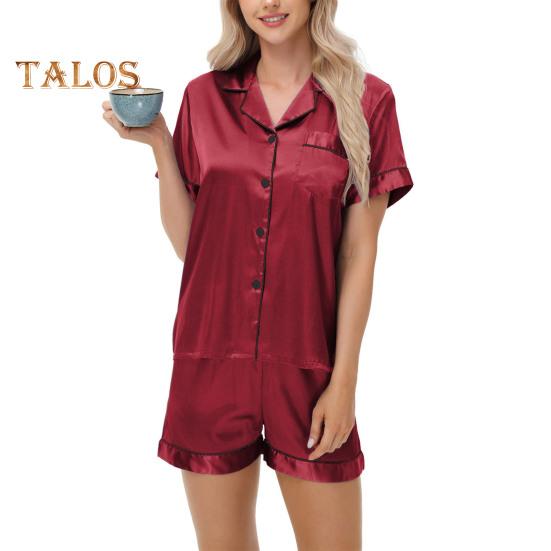 Пижамный костюм из 2 предметов, атласный однобортный кардиган, рубашка с V-образным вырезом, воротником-стойкой, однотонная рубашка с нагрудным карманом, свободные шорты, ночная рубашка, одежда для сна