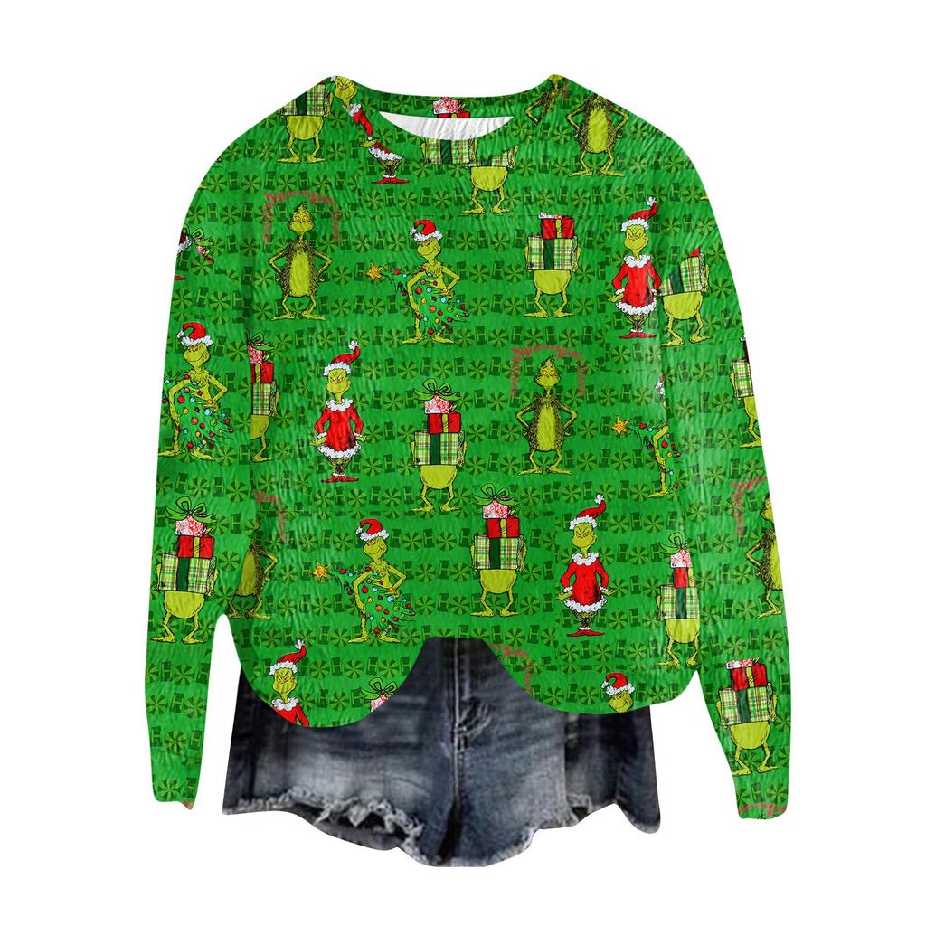 Women's Fashion Round Neck Pullover Top Long Sleeve Tee Christmas Printed Sweatshirt